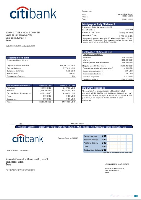 Download Peru Citibank mortgage statement in Word and PDF formats Photoshop template